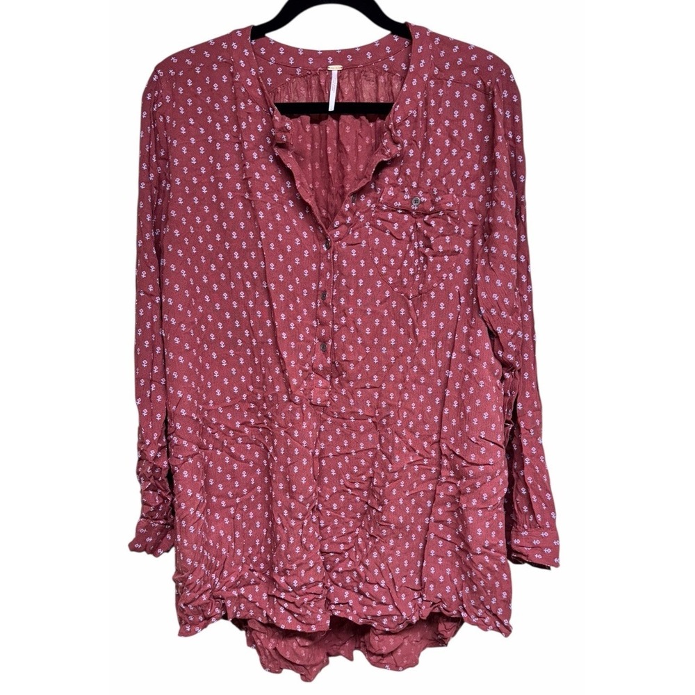 Free People Boho High Low Boyfriend Shirt Rust Women's Size Large